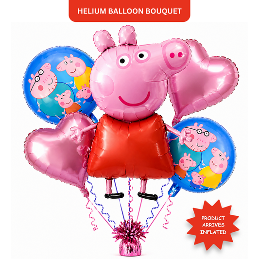 Oink Oink - Muddy Peppa Pig Helium Fiilled Balloon Bouquet Set of 5PC| Pre-Inflated & Delivered | Party Decoration