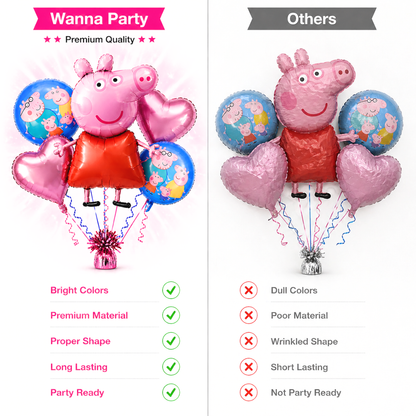 Oink Oink - Muddy Peppa Pig Helium Fiilled Balloon Bouquet Set of 5PC| Pre-Inflated & Delivered | Party Decoration