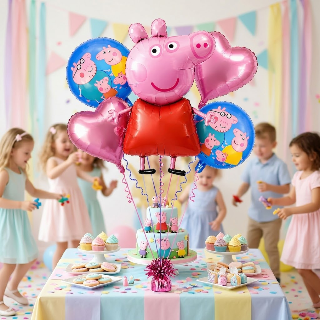 Oink Oink - Muddy Peppa Pig Helium Fiilled Balloon Bouquet Set of 5PC| Pre-Inflated & Delivered | Party Decoration