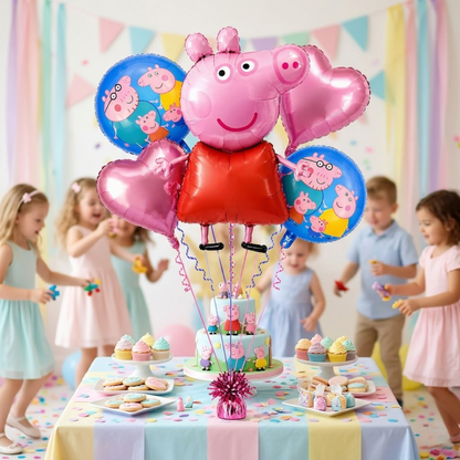 Oink Oink - Muddy Peppa Pig Helium Fiilled Balloon Bouquet Set of 5PC| Pre-Inflated & Delivered | Party Decoration