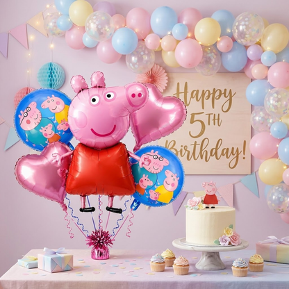 Oink Oink - Muddy Peppa Pig Helium Fiilled Balloon Bouquet Set of 5PC| Pre-Inflated & Delivered | Party Decoration