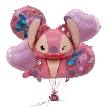 Cute Pink Stitch Cartoon Girl Theme Balloon Bouquet Set (5 Pcs) Helium Filled & Delivered Inflated