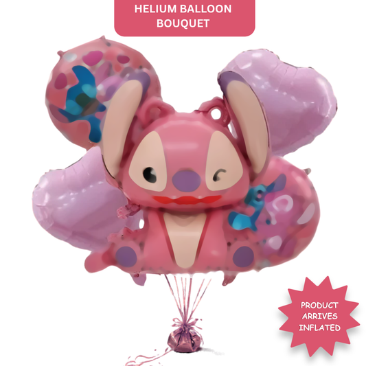 Cute Pink Stitch Cartoon Girl Theme Balloon Bouquet Set (5 Pcs) Helium Filled & Delivered Inflated