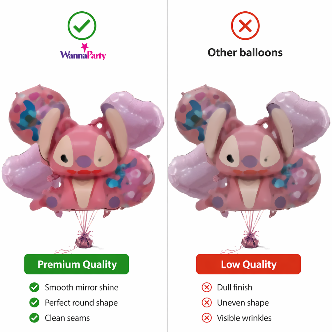 Cute Pink Stitch Cartoon Girl Theme Balloon Bouquet Set (5 Pcs) Helium Filled & Delivered Inflated