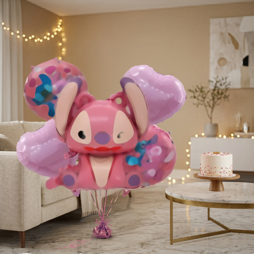 Cute Pink Stitch Cartoon Girl Theme Balloon Bouquet Set (5 Pcs) Helium Filled & Delivered Inflated