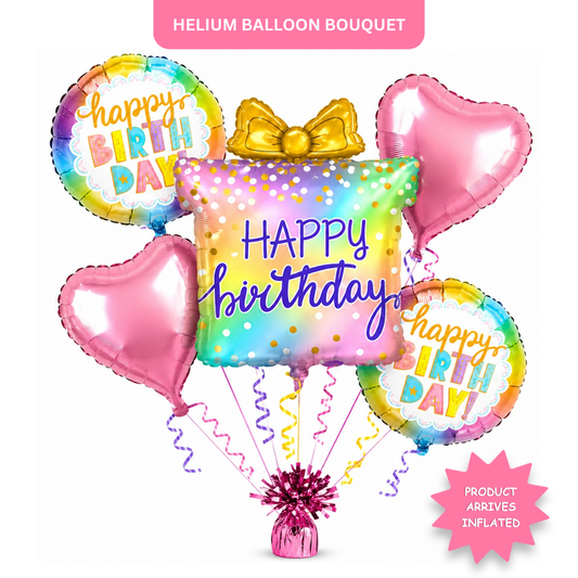 Colorful Gift Box Helium Balloon Set of 5 (Gift Box Supershape + 2 Heart Shaped + 2 Happy Birthday Printed Balloons) | Pre-Inflated & Delivered | Birthday Decoration