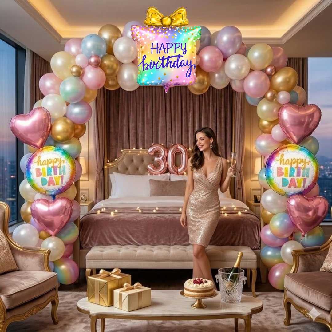 Colorful Gift Box Helium Balloon Set of 5 (Gift Box Supershape + 2 Heart Shaped + 2 Happy Birthday Printed Balloons) | Pre-Inflated & Delivered | Birthday Decoration