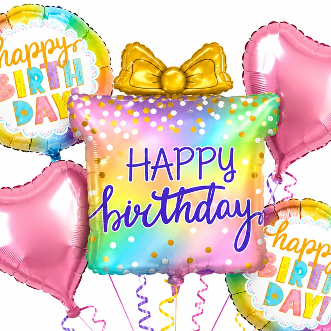 Colorful Gift Box Helium Balloon Set of 5 (Gift Box Supershape + 2 Heart Shaped + 2 Happy Birthday Printed Balloons) | Pre-Inflated & Delivered | Birthday Decoration