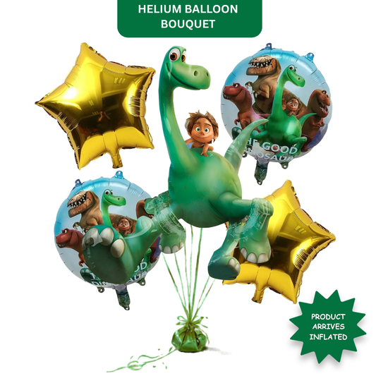 Dinosaur Theme Helium Balloon Set of 5 (Large Dino Supershape + 2 Gold Star + 2 Dinosaur Print Balloons) | Pre-Inflated & Delivered | Kids Birthday Decoration