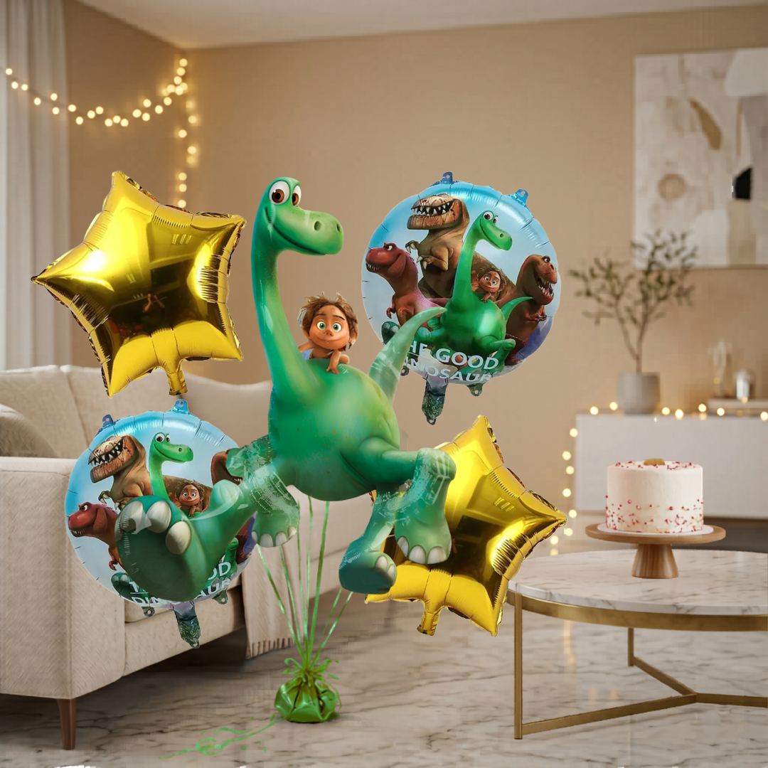 Dinosaur Theme Helium Balloon Set of 5 (Large Dino Supershape + 2 Gold Star + 2 Dinosaur Print Balloons) | Pre-Inflated & Delivered | Kids Birthday Decoration