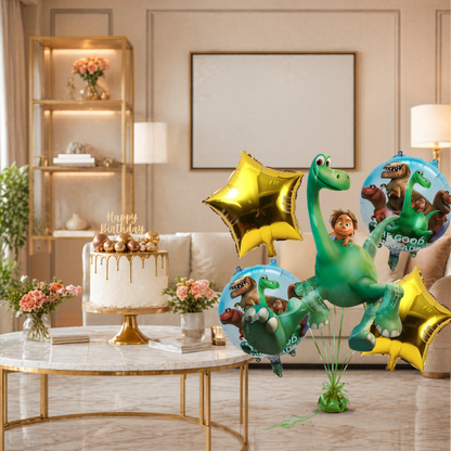 Dinosaur Theme Helium Balloon Set of 5 (Large Dino Supershape + 2 Gold Star + 2 Dinosaur Print Balloons) | Pre-Inflated & Delivered | Kids Birthday Decoration