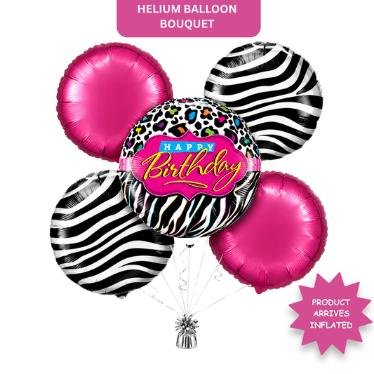 Happy Birthday Black & Pink Helium Filled Balloon Bouquet Set of 5 | Pre-Inflated Foil Balloons | Birthday Party Decoration