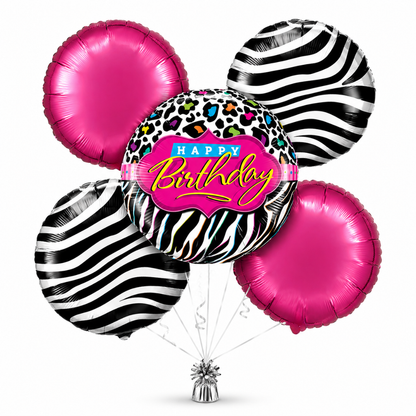 Happy Birthday Black &amp; White Set with Pink Round Balloons - 5PC