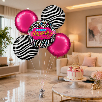 Happy Birthday Black &amp; White Set with Pink Round Balloons - 5PC
