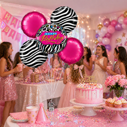 Happy Birthday Black &amp; White Set with Pink Round Balloons - 5PC