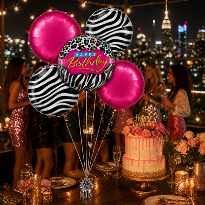 Happy Birthday Black &amp; White Set with Pink Round Balloons - 5PC