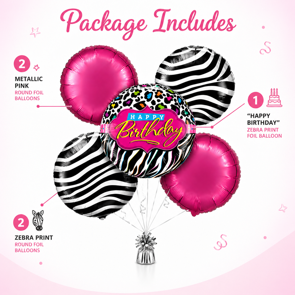 Happy Birthday Black &amp; White Set with Pink Round Balloons - 5PC