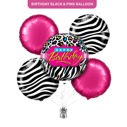 Happy Birthday Black &amp; White Set with Pink Round Balloons - 5PC