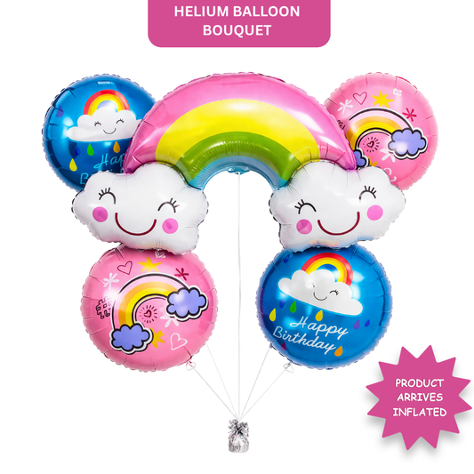 Rainbow Shaped Happy Birthday Helium Balloon Set of 5 (Rainbow Supershape + 2 Happy Birthday Round + 2 Rainbow Printed Balloons) | Pre-Inflated & Delivered | Birthday Decoration