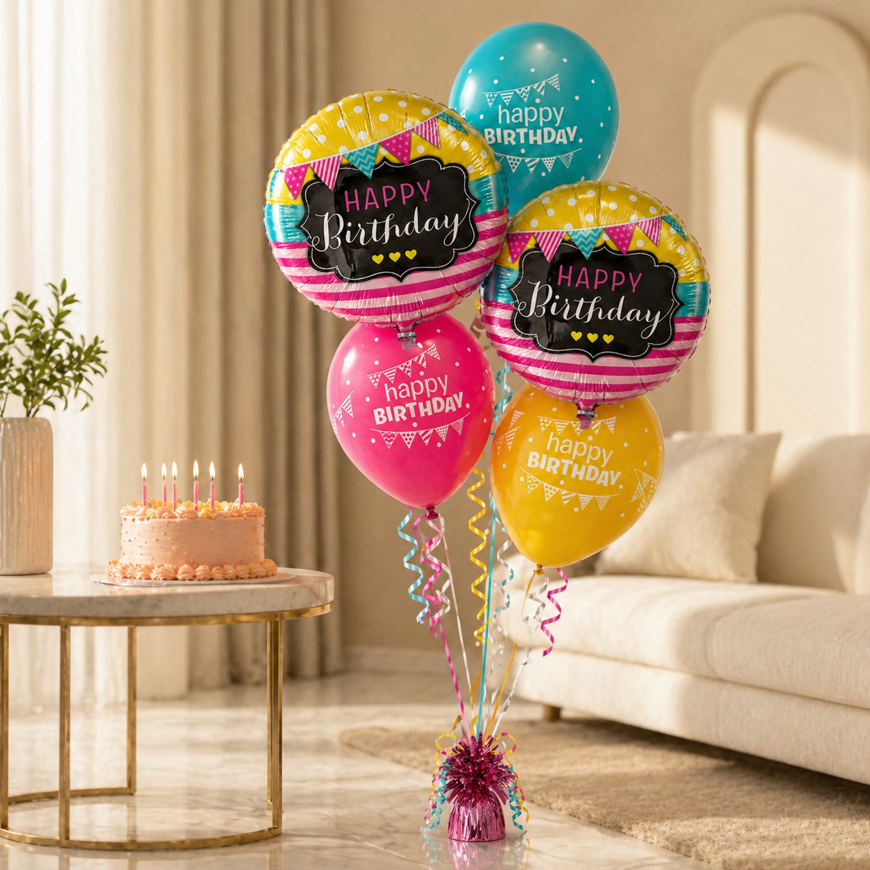 Happy Birthday Bunting Balloon Set of 5 with Latex Balloons (Helium Filled & Delivered Inflated) | Birthday Decoration Balloons