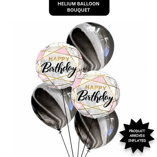 Marble Print Happy Birthday Balloon Set of 5 with Pink Foil Balloons (Helium Filled & Delivered Inflated) | Birthday Decoration Balloons