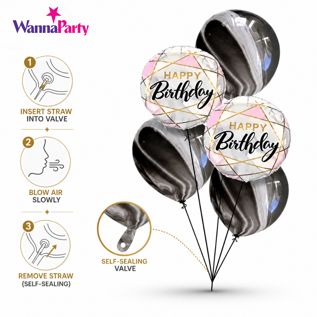 Marble Print Happy Birthday Balloons - 5PC