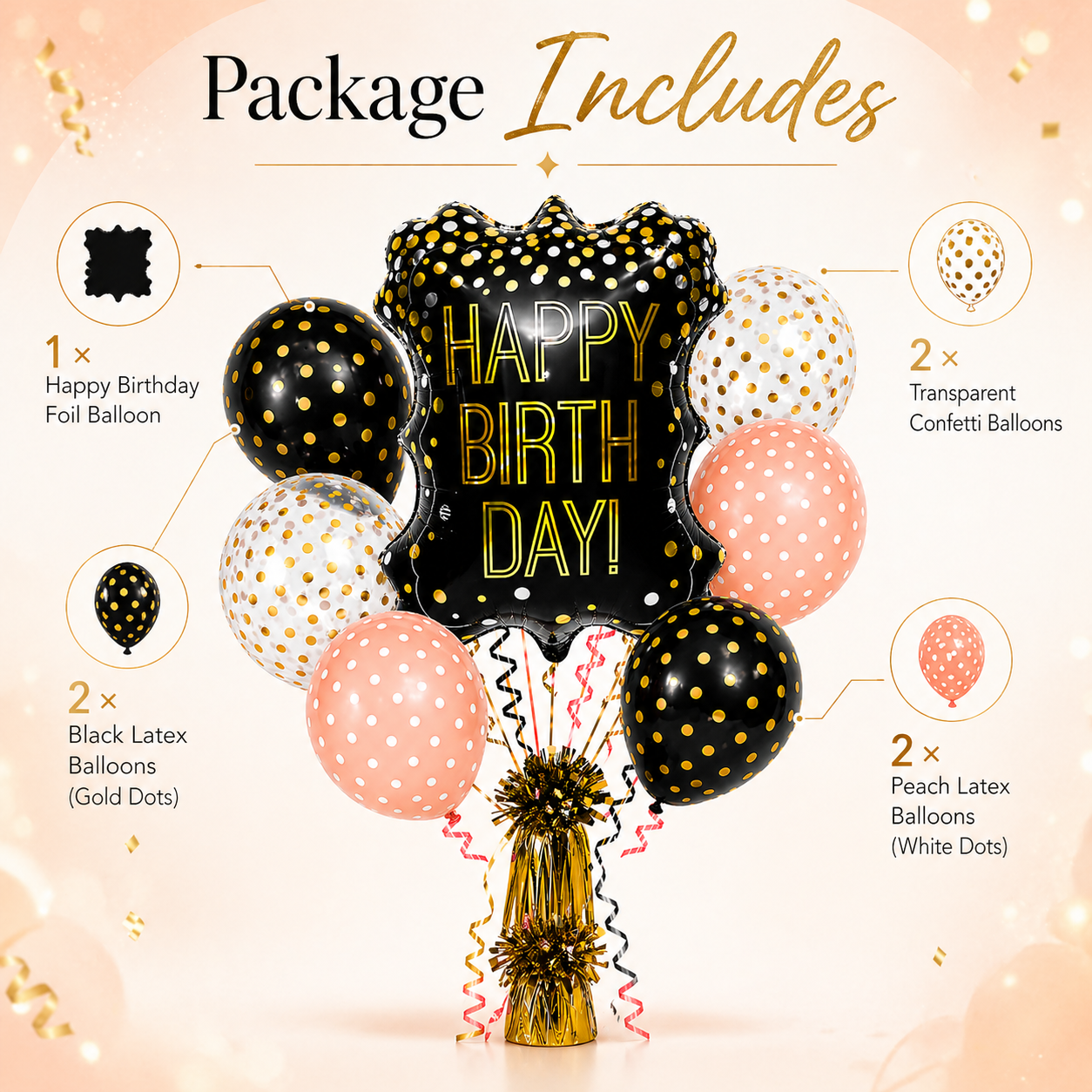 The Blackboard Shaped Helium Filled Balloon Bouquet Set of 7 with Polka Dot Latex Balloons