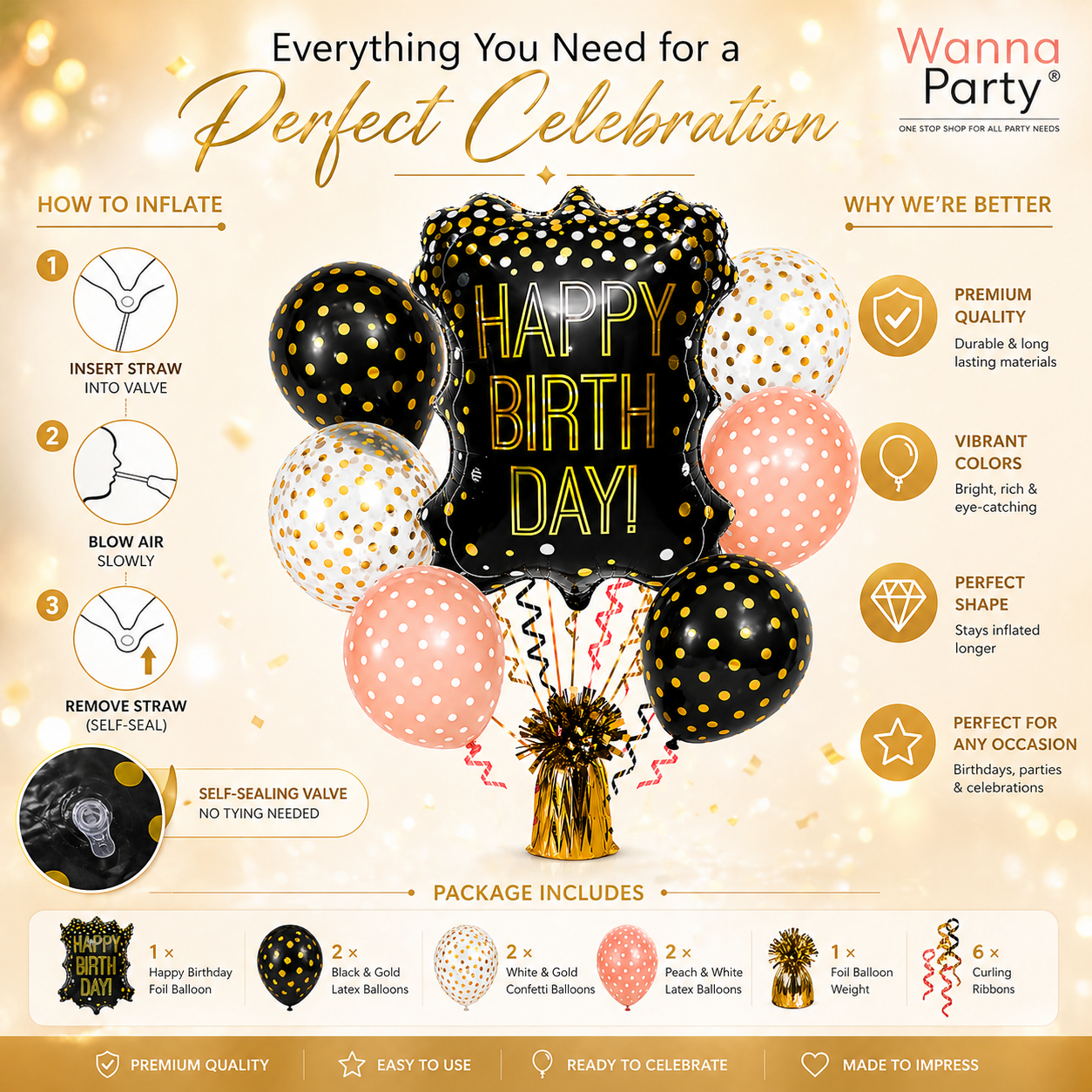 The Blackboard Shaped Helium Filled Balloon Bouquet Set of 7 with Polka Dot Latex Balloons