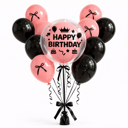 Happy Birthday Pink Balloons with Black Ribbon Combo Set - 22PC