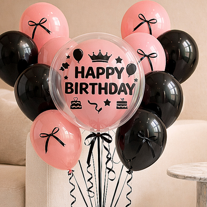 Happy Birthday Pink Balloons with Black Ribbon Combo Set - 22PC