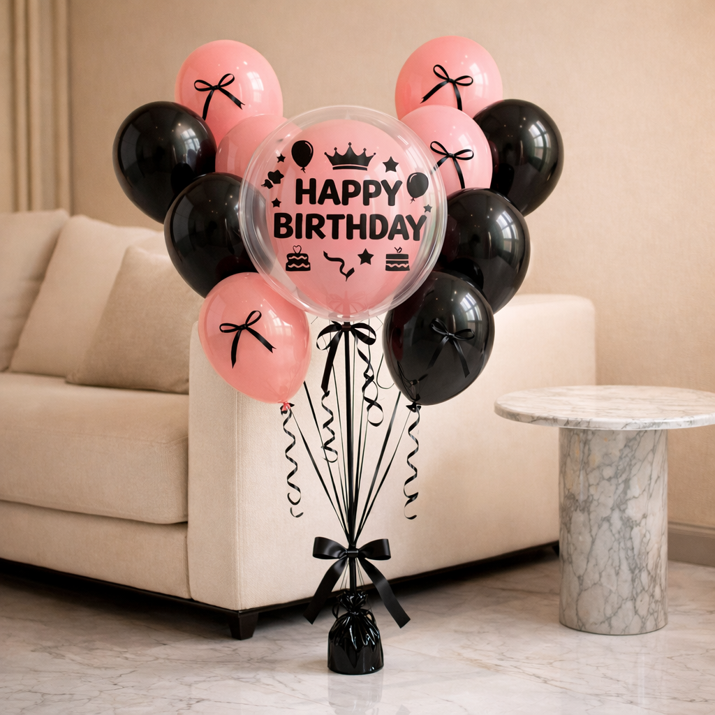 Fashionista Black Bows & Ribbons Helium Filled Balloon Bouquet Set of 22 PC | Pre-Inflated & Delivered | Birthday Decoration
