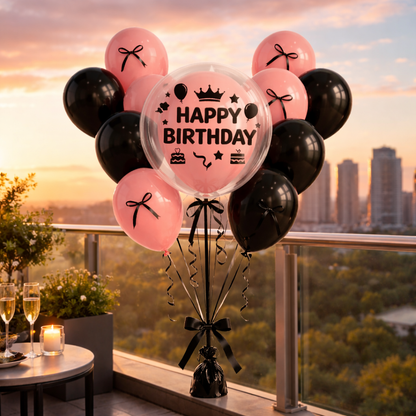Happy Birthday Pink Balloons with Black Ribbon Combo Set - 22PC