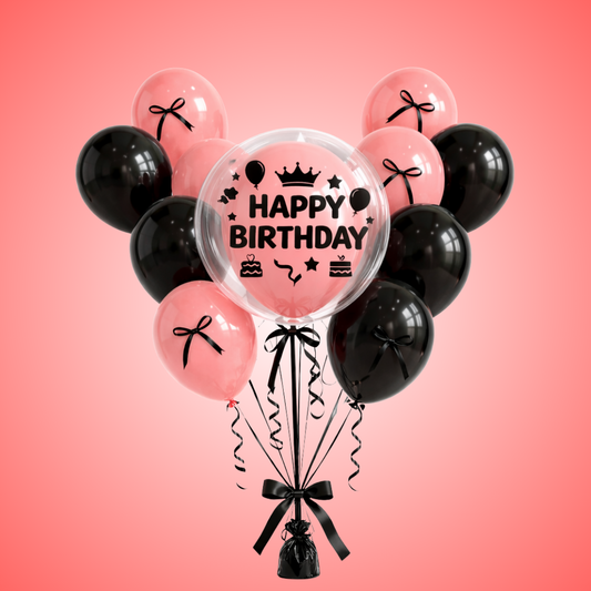Happy Birthday Pink Balloons with Black Ribbon Combo Set - 22PC