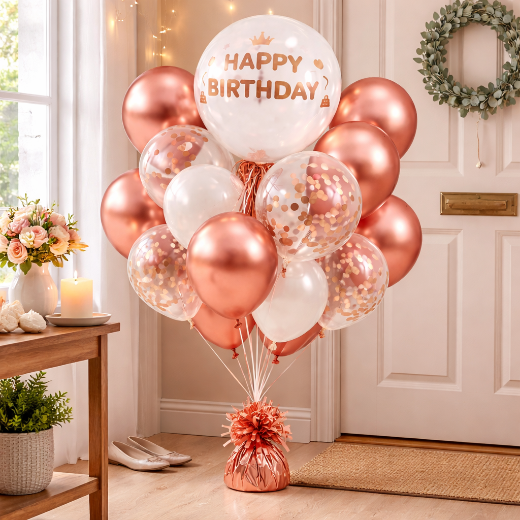 Happy Birthday Rose Gold Balloon Combo Set (22 Pcs) Helium Filled & Delivered Inflated