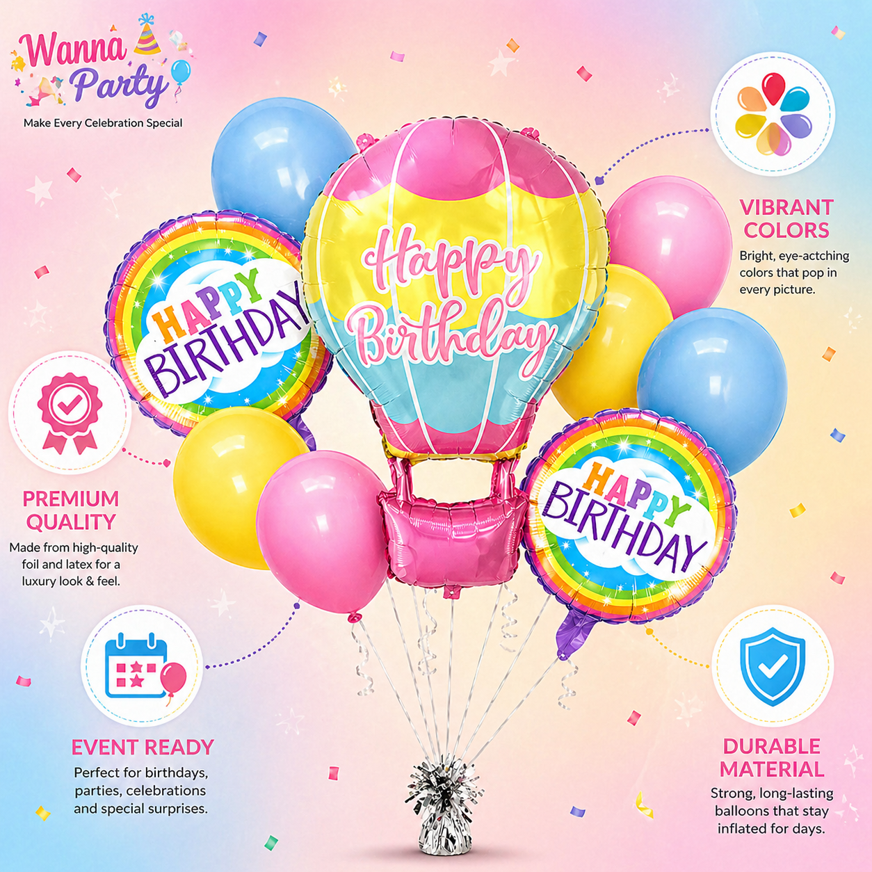 Hot Air Birthday Balloon Combo Set - 9PC