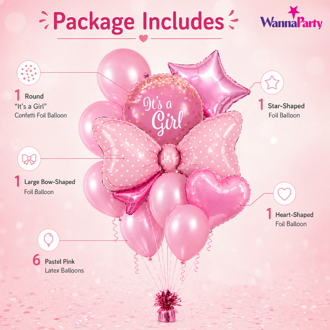 It’s a Girl Foil Balloon Bouquet Set of 10 | Baby Shower Decoration | Helium Supported Pink Balloons for Newborn Welcome