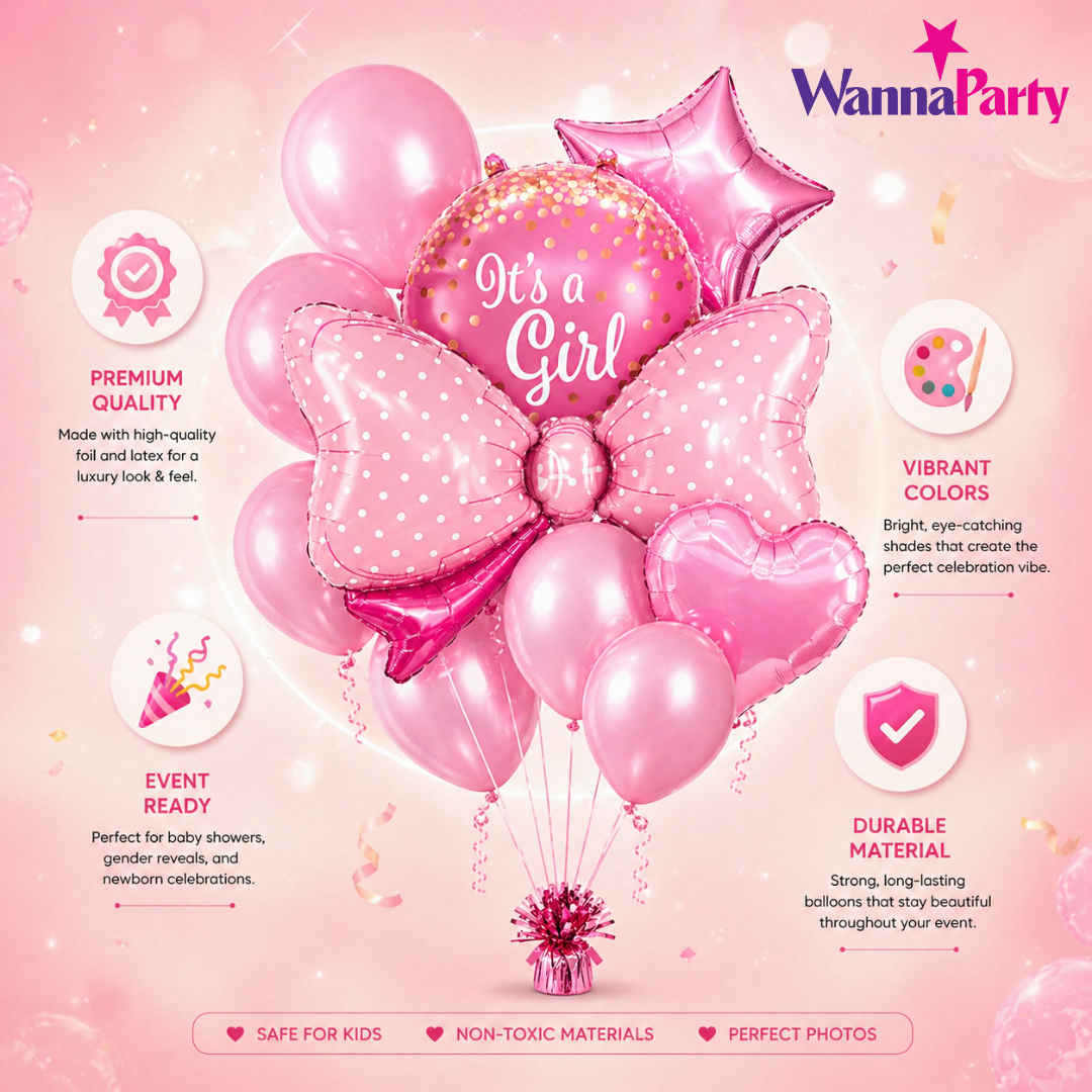 It’s a Girl Foil Balloon Bouquet Set of 10 | Baby Shower Decoration | Helium Supported Pink Balloons for Newborn Welcome