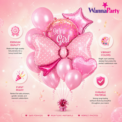 It’s a Girl Foil Balloon Bouquet Set of 10 | Baby Shower Decoration | Helium Supported Pink Balloons for Newborn Welcome
