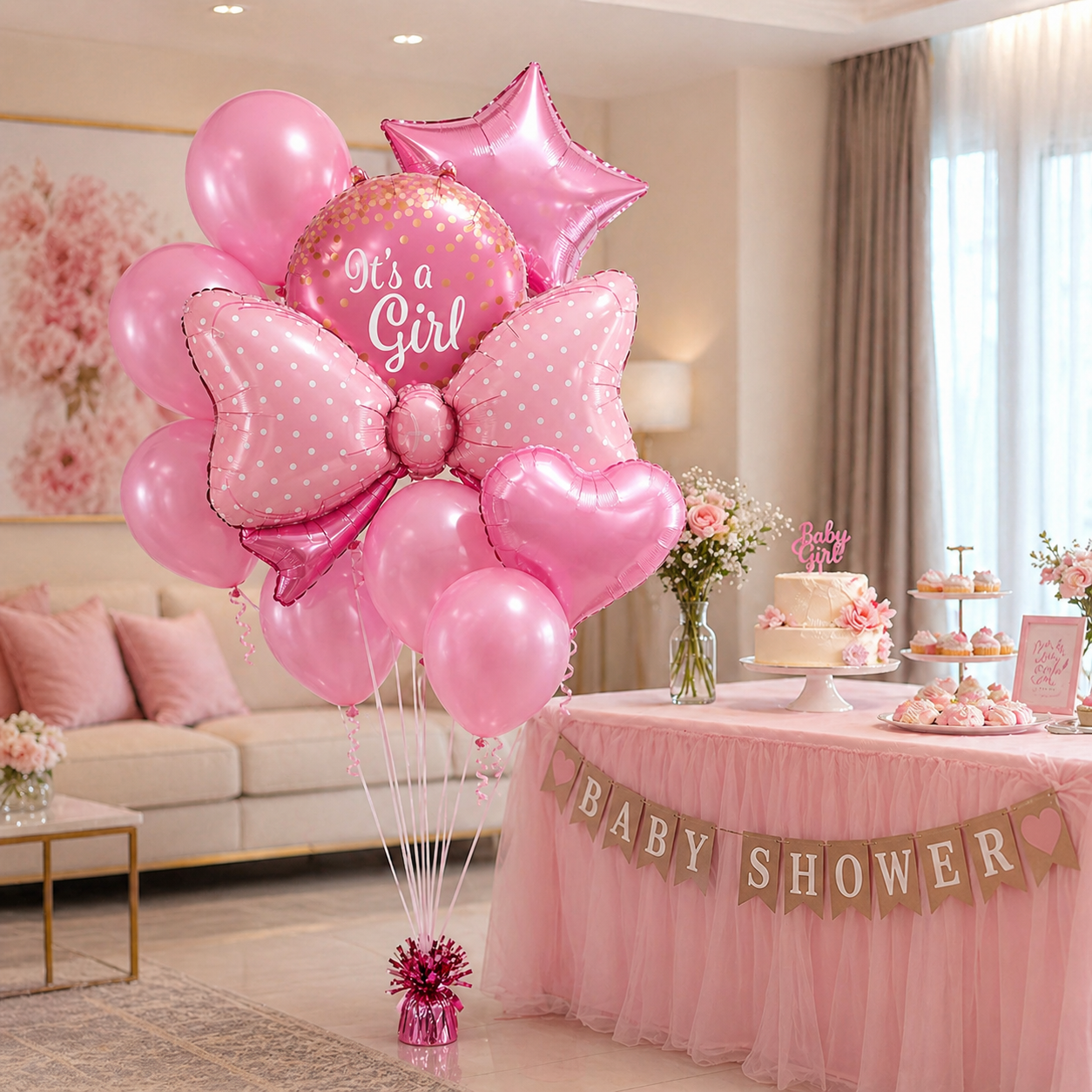 It’s a Girl Foil Balloon Bouquet Set of 10 | Baby Shower Decoration | Helium Supported Pink Balloons for Newborn Welcome