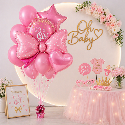 It’s a Girl Foil Balloon Bouquet Set of 10 | Baby Shower Decoration | Helium Supported Pink Balloons for Newborn Welcome