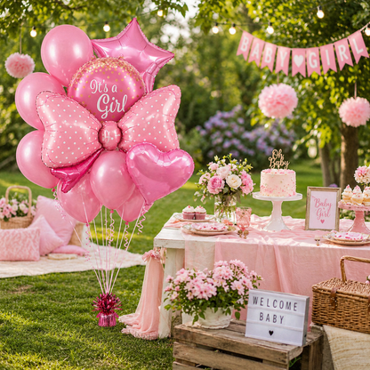 It’s a Girl Foil Balloon Bouquet Set of 10 | Baby Shower Decoration | Helium Supported Pink Balloons for Newborn Welcome