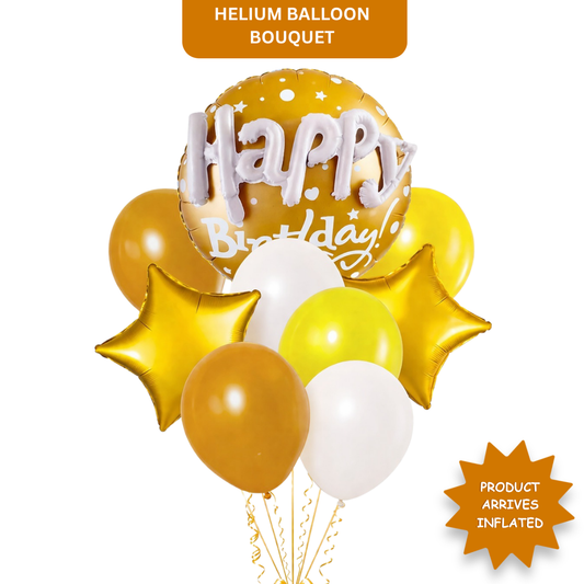 Happy Birthday Matte Gold 3D Balloon Bouquet Set (9 Pcs) Helium Filled & Delivered Inflated