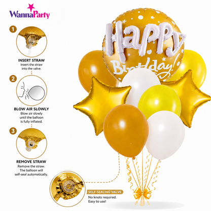 Happy Birthday Matte Gold 3D Balloon Set Pack of 9 | Premium Foil & Latex Balloons | Helium Supported Birthday Decoration Kit