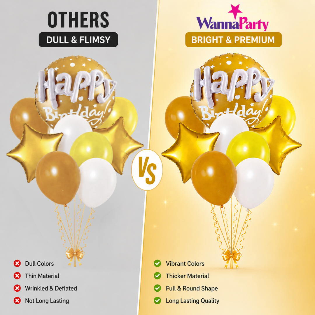 Happy Birthday Matte Gold 3D Balloon Bouquet Set (9 Pcs) Helium Filled & Delivered Inflated