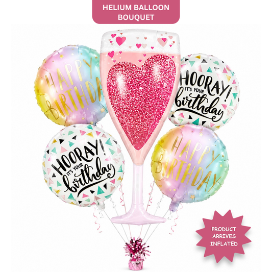 Pink Champagne Glass Helium Balloon Set of 5 (Champagne Supershape + Birthday Balloons) | Pre-Inflated & Delivered | Birthday Decoration