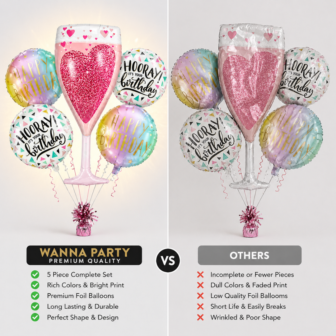 Pink Champagne Glass Happy Birthday Foil Balloon Set of 5 | Elegant Party Balloons | Birthday Celebration Decoration Kit