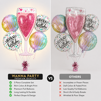 Pink Champagne Glass Happy Birthday Foil Balloon Set of 5 | Elegant Party Balloons | Birthday Celebration Decoration Kit