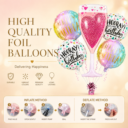 Pink Champagne Glass Happy Birthday Foil Balloon Set of 5 | Elegant Party Balloons | Birthday Celebration Decoration Kit
