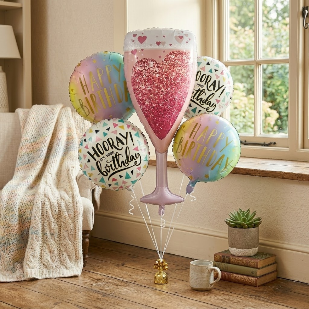 Pink Champagne Glass Helium Balloon Set of 5 (Champagne Supershape + Birthday Balloons) | Pre-Inflated & Delivered | Birthday Decoration