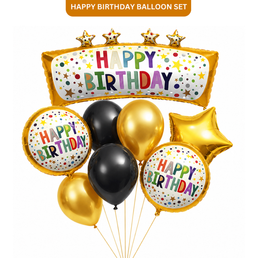 Happy Birthday Golden & Black Balloon Bouquet Set (8 Pcs) Helium Filled & Delivered Inflated
